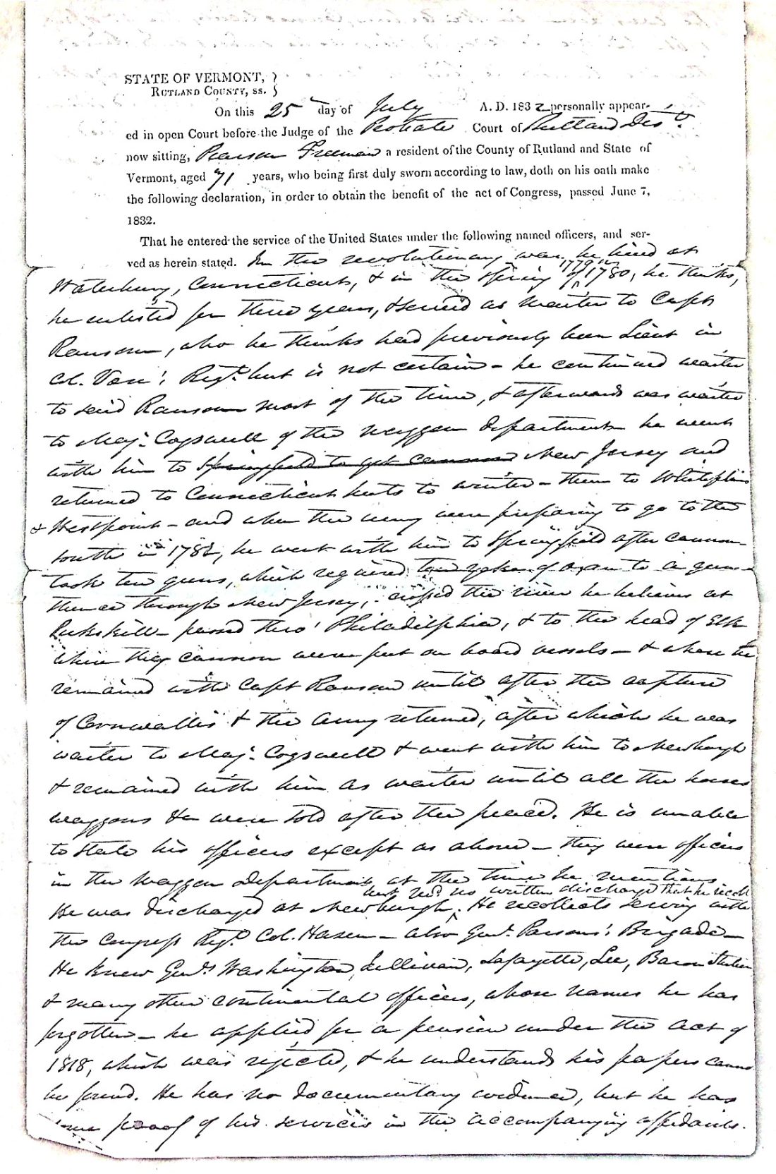 FREEMAN, Pearson (b. 1761 Conn. in slavery d. 1847 a freedman Rutland) Rev War pension app 3